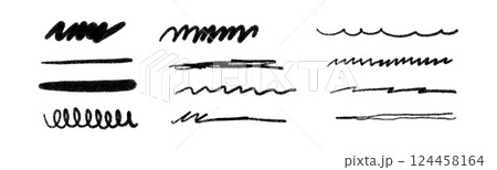 Hand-drawn scribble texture with crayon, pencil, and charcoal strokes. Chalk doodle effect, rough sketch marks and paint brush lines. Flat vector illustration isolated on white background. 124458164