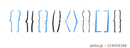 Hand-drawn curly brackets and parenthesis symbols. Typography icons doodle, square braces, text frames and punctuation figures. Flat vector illustration isolated on white background. Hand-drawn curly brackets and parenthesis symbols. Typography icons doodle, square braces, text frames and punctuation figures. Flat vector illustration isolated on white background. 124458166
