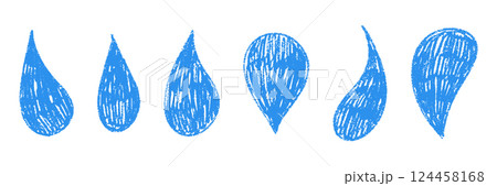 Blue water splash and liquid puddle with raindrop shapes. Fluid drip elements and paint wave textures. Flat vector illustration isolated on white background. 124458168