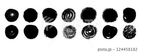 Hand-scribbled crayon circles with pastel texture. Paint oval shapes and wax pencil strokes. Flat vector illustration isolated on white background. 124458182