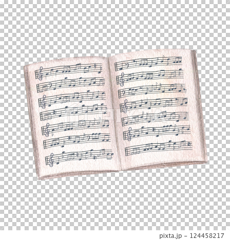 Open music notebook with staff and notes watercolor illustration isolated background. Music paper of book with note stave grid. Lined page template for composers, educators, and songwriters. 124458217