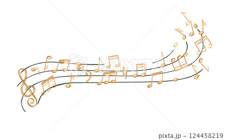 Golden musical notes on black staff watercolor illustration isolated background. Flying sound symbols on waving stave for music branding, educational materials, and concert posters. 124458219