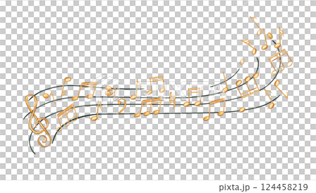 Golden musical notes on black staff watercolor illustration isolated background. Flying sound symbols on waving stave for music branding, educational materials, and concert posters. 124458219