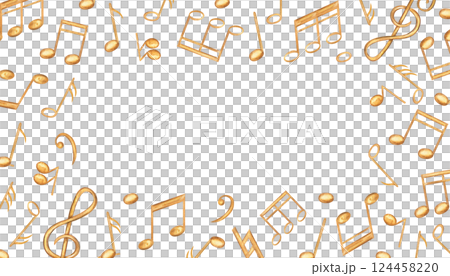Gold music notes horizonal frame with copy space for text. Golden sound symbols watercolor illustration isolated background. Audio element rectangle border for school design, invitation, greeting card Gold music notes horizonal frame with copy space for text. Golden sound symbols watercolor illustration isolated background. Audio element rectangle border for school design, invitation, greeting card 124458220