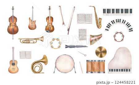 Watercolor musical percussion, string and wind instruments clip art illustration isolated background. Drum, double bass, guitar, saxophone, piano, music notebook, tambourine, French horn, and violin 124458221