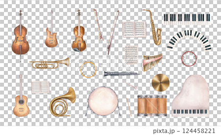 Watercolor musical percussion, string and wind instruments clip art illustration isolated background. Drum, double bass, guitar, saxophone, piano, music notebook, tambourine, French horn, and violin 124458221