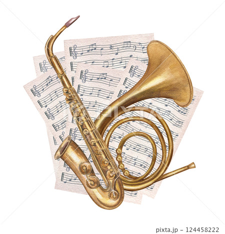 French horn, saxophone on vintage sheet music paper watercolor illustration isolated background. Hand drawn classical musical wind instruments jazz theme, posters, invitations, or educational material 124458222