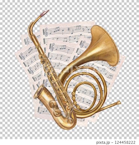 French horn, saxophone on vintage sheet music paper watercolor illustration isolated background. Hand drawn classical musical wind instruments jazz theme, posters, invitations, or educational material 124458222
