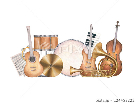 Musical instruments group watercolor illustration isolated background. Guitar, double bass, French horn, drum, piano and note page composition. For tutorials, festival posters. Jazz classical fusion 124458223