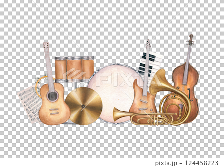 Musical instruments group watercolor illustration isolated background. Guitar, double bass, French horn, drum, piano and note page composition. For tutorials, festival posters. Jazz classical fusion 124458223