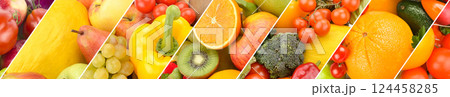 A set of fruits and vegetables. Bright background. 124458285