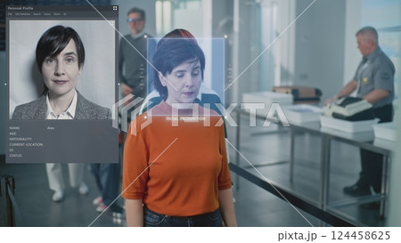 Queue of Diverse People Passing Biometric AI Face Identification at Border Control in Airport Terminal 124458625