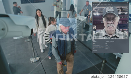 Airport Security Checkpoint: Surveillance Camera with AI Biometric Facial Recognition of Passengers Airport Security Checkpoint: Surveillance Camera with AI Biometric Facial Recognition of Passengers 124458627