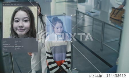 Diverse Passengers Passing Biometric AI Face Scanning at Border Control for Boarding Flight Diverse Passengers Passing Biometric AI Face Scanning at Border Control for Boarding Flight 124458639