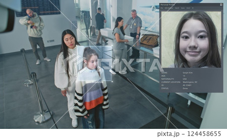 Airport Security Checkpoint: Surveillance Camera with AI Biometric Facial Recognition of Passengers Airport Security Checkpoint: Surveillance Camera with AI Biometric Facial Recognition of Passengers 124458655