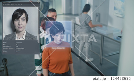 Airport Checkpoint: Multiethnic Passengers Passing AI Biometric Facial Recognition for Boarding Flight 124458656