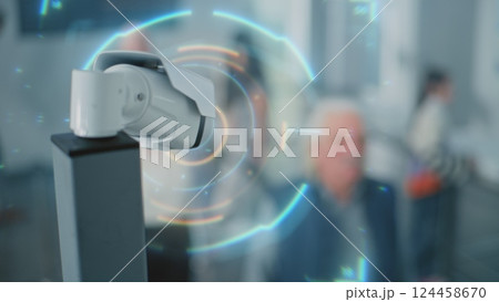 Airport Security: CCTV Camera with 3D Visual Effects of Advanced AI Scanning of People 124458670