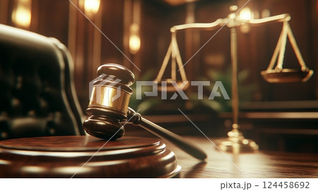 Elegant courtroom interior featuring gavel and scales of justice in richly decorated setting 124458692