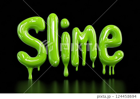 Neon green slime text effect on a contrasting black background with gooey drips enhancing the playful theme 124458694