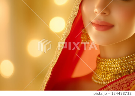 Young Indian bride in traditional attire radiating joy with golden light in the background Young Indian bride in traditional attire radiating joy with golden light in the background 124458732