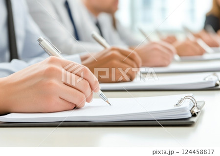 Group of adults engaged in note-taking during seminar in a bright, minimalist setting 124458817