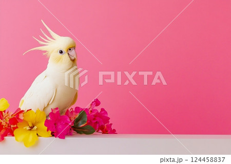 A bejeweled cockatiel perched among vibrant flowers on a pastel pink background 124458837