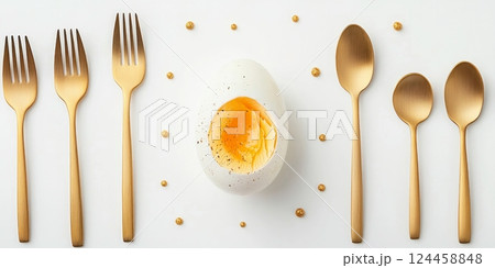 Minimalist egg arrangement with golden cutlery and creative food presentation on a bright background 124458848