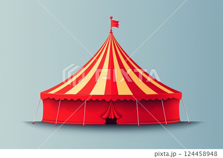 An aerial view of red and white circus tents with crowns 124458948