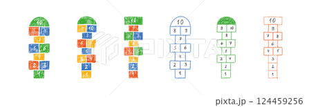 Hopscotch game child, fun outdoor activity for kids. Flat vector illustration isolated on white background. 124459256