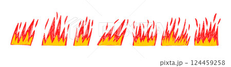Handdrawn flame graphic with bold fire silhouette. Hot red and yellow symbol for grill logos. Flat vector illustration isolated on white background. 124459258