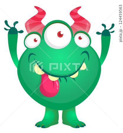 Cartoon cute monster with funny excited face expression waving hands . Vector illustration isolated on white. Halloween design 124459563