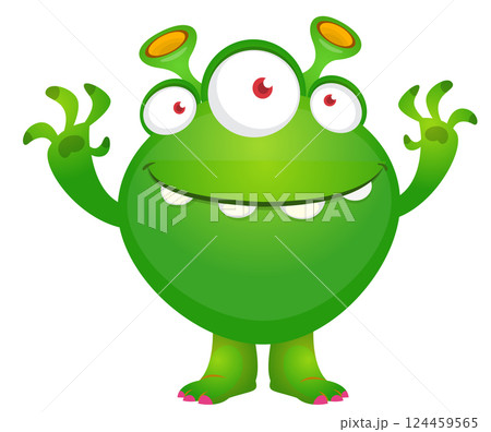 Cartoon cute monster with funny excited face expression waving hands . Vector illustration isolated on white. Halloween design 124459565