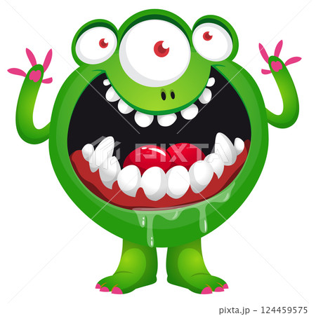 Cartoon cute monster with funny excited face expression waving hands . Vector illustration isolated on white. Halloween design 124459575