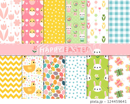 Seamless pattern vector set with cute Easter designs with bunnies, butterflies, hens, chickens and geometric shapes 124459641