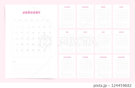 2026 Feminine Calendar Template. Week starts Sunday. Elegant desktop planner with gentle pink accents. Simple calendar for notes and plans. Vector editable 2026 calendar in English. 124459682