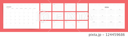 2026 Modern Calendar Layout. Sunday start corporate 2026 planner calendar for desk use. Clean and minimalist style. Professional English vector design. 124459686