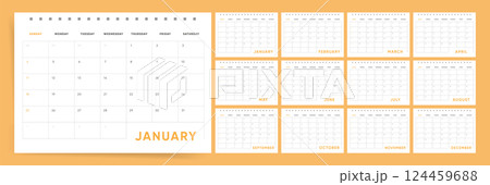2026 Clean Calendar Template. Sunday start weekly 2026 planner in a modern style. Ideal for desk or wall display. Corporate English vector design. 124459688