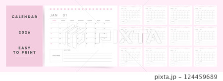 2026 Corporate Calendar Design. Week starts on Sunday. Minimal, classic style for a desktop or wall. English vector layout. Perfect for business planning. 124459689