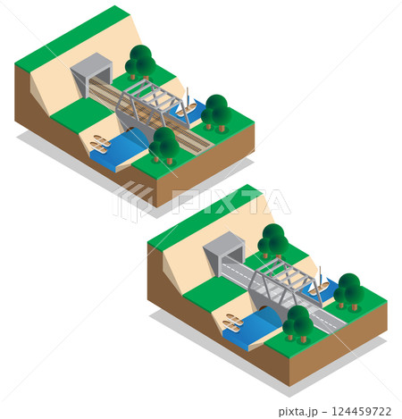 Rail and road bridges. Tunnels. Isometric. Vector illustration. Rail and road bridges. Tunnels. Isometric. Vector illustration. 124459722