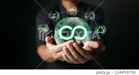 Green Business Innovation and Sustainable Development concept. man hold world to save energy,and reduce global warming,climate change,ecology friendly investment,ESG environment social governance. 124459750