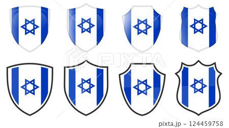 Vertical Israeli flag in shield shape, four 3d and simple versions. Israel icon / sign Vertical Israeli flag in shield shape, four 3d and simple versions. Israel icon / sign 124459758