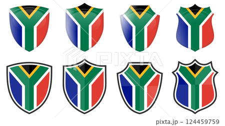 Vertical South Africa flag in shield shape, four 3d and simple versions. African icon / sign Vertical South Africa flag in shield shape, four 3d and simple versions. African icon / sign 124459759