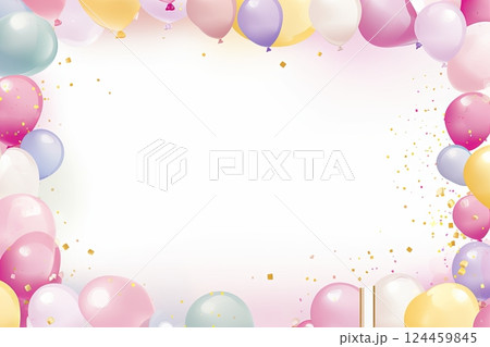 Colorful balloons, silver frame and confetti on blue background top view. Birthday or party mockup for planning. Flat lay style. Copy space for text. Festive greeting card. Colorful balloons, silver frame and confetti on blue background top view. Birthday or party mockup for planning. Flat lay style. Copy space for text. Festive greeting card. 124459845