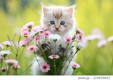 little cute fluffy white with ginger kitten in a flower bed 124459852