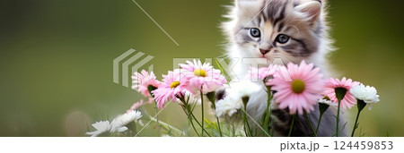 little cute fluffy white with ginger kitten in a flower bed little cute fluffy white with ginger kitten in a flower bed 124459853