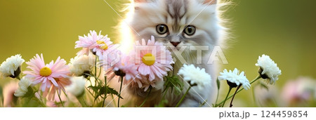 little cute fluffy white with ginger kitten in a flower bed little cute fluffy white with ginger kitten in a flower bed 124459854