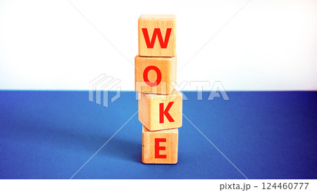 Woke question symbol. Concept word Woke question on beautiful wooden blocks. Beautiful white and blue background. Business, lifestyle, support and woke question concept. Copy space. 124460777