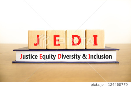Justice equity diversity inclusion symbol. Concept words JEDI Justice Equity Diversity Inclusion on blocks. Beautiful white background. Business justice equity diversity inclusion concept. Copy space Justice equity diversity inclusion symbol. Concept words JEDI Justice Equity Diversity Inclusion on blocks. Beautiful white background. Business justice equity diversity inclusion concept. Copy space 124460779