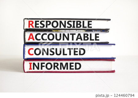 RACI symbol. Concept word RACI Responsible Accountable Consulted Informed on books. Beautiful white background. Business motivational RACI Responsible Accountable Consulted Informed concept. 124460794