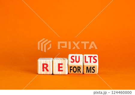 Reform and result symbol. Concept words Reforms Results on beautiful wooden block. Beautiful orange table orange background. Business Reforms and results concept. Copy space. 124460800